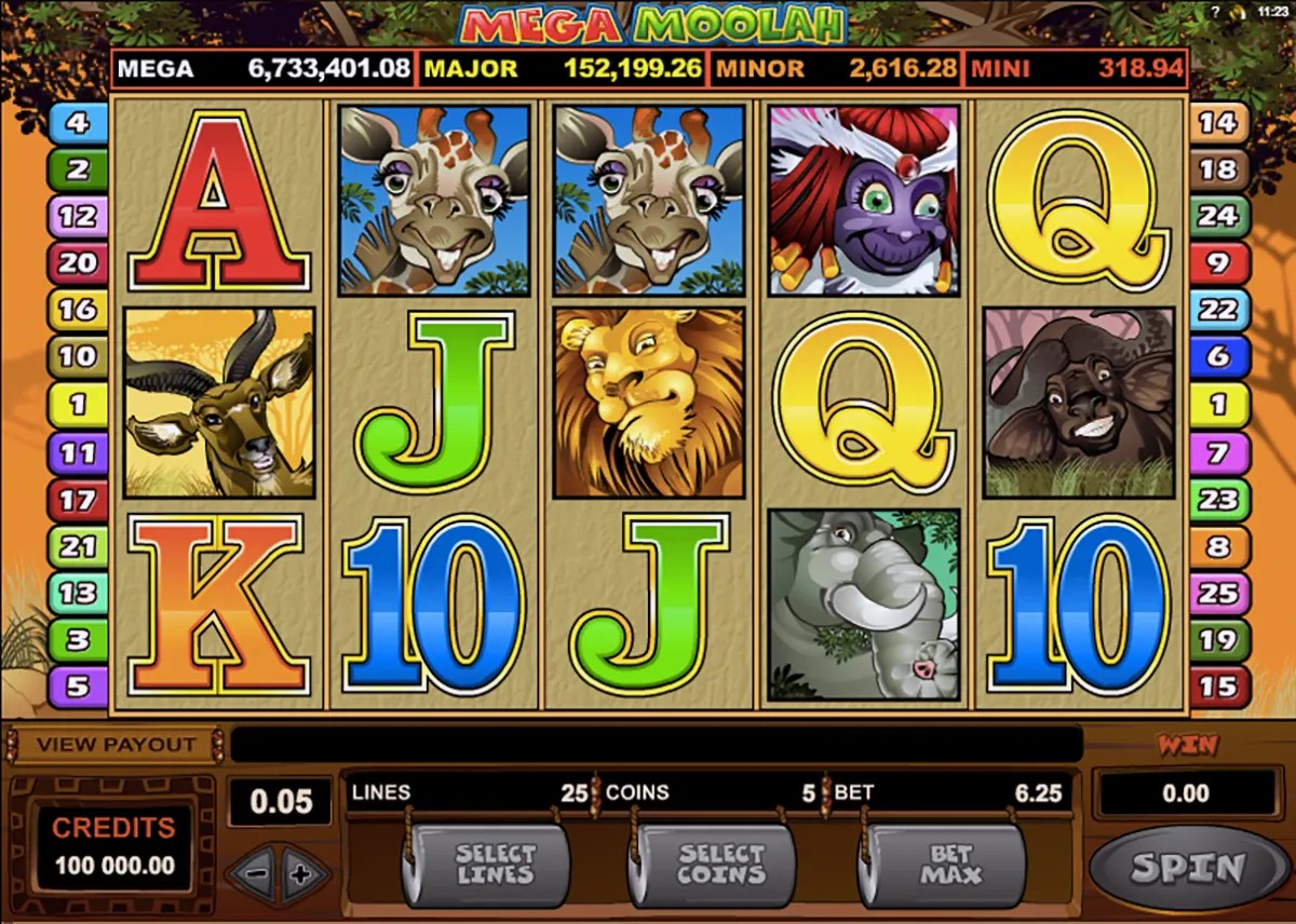 Screenshot of the Mega Moolah slot game interface showing five reels with colourful animal symbols (giraffe, lion, elephant, buffalo) and card letters/numbers, plus the jackpot meters (Mega, Major, Minor, Mini) across the top and spin controls at the bottom.