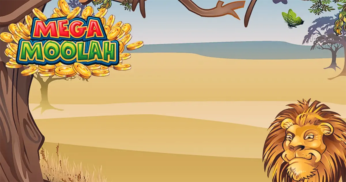 A colourful Mega Moolah slot banner showing a sunny African savannah landscape with trees, a lion illustration on the right side, butterflies, and the Mega Moolah logo surrounded by gold coins.